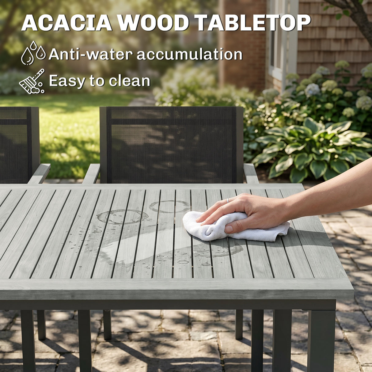 Steel 6 Seater Garden Dining Set With Acacia Wood Table And Stackable Chairs - Velmora