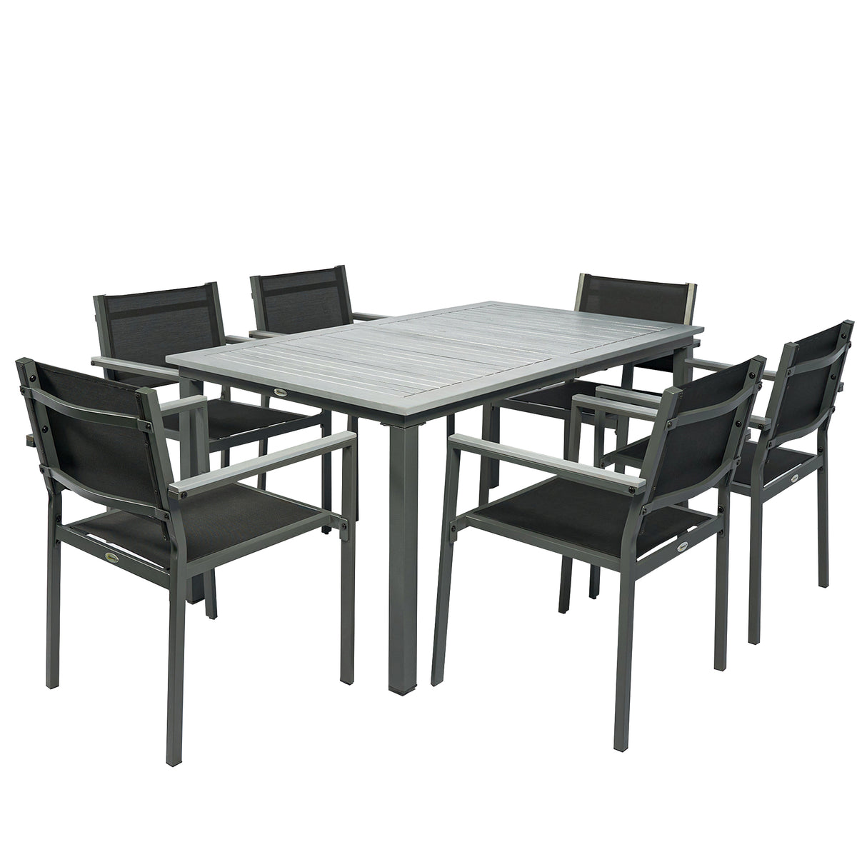 Steel 6 Seater Garden Dining Set With Acacia Wood Table And Stackable Chairs - Velmora