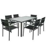 Steel 6 Seater Garden Dining Set With Acacia Wood Table And Stackable Chairs - Velmora