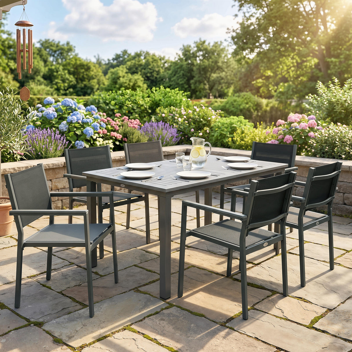 Steel 6 Seater Garden Dining Set With Acacia Wood Table And Stackable Chairs - Velmora