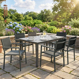 Steel 6 Seater Garden Dining Set With Acacia Wood Table And Stackable Chairs - Velmora