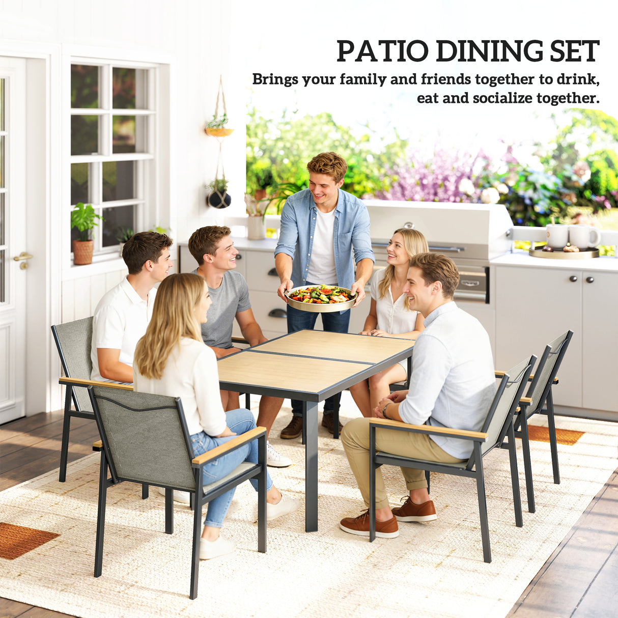 Steel 6 Seater Garden Dining Set With Glass Top Table - Velmora