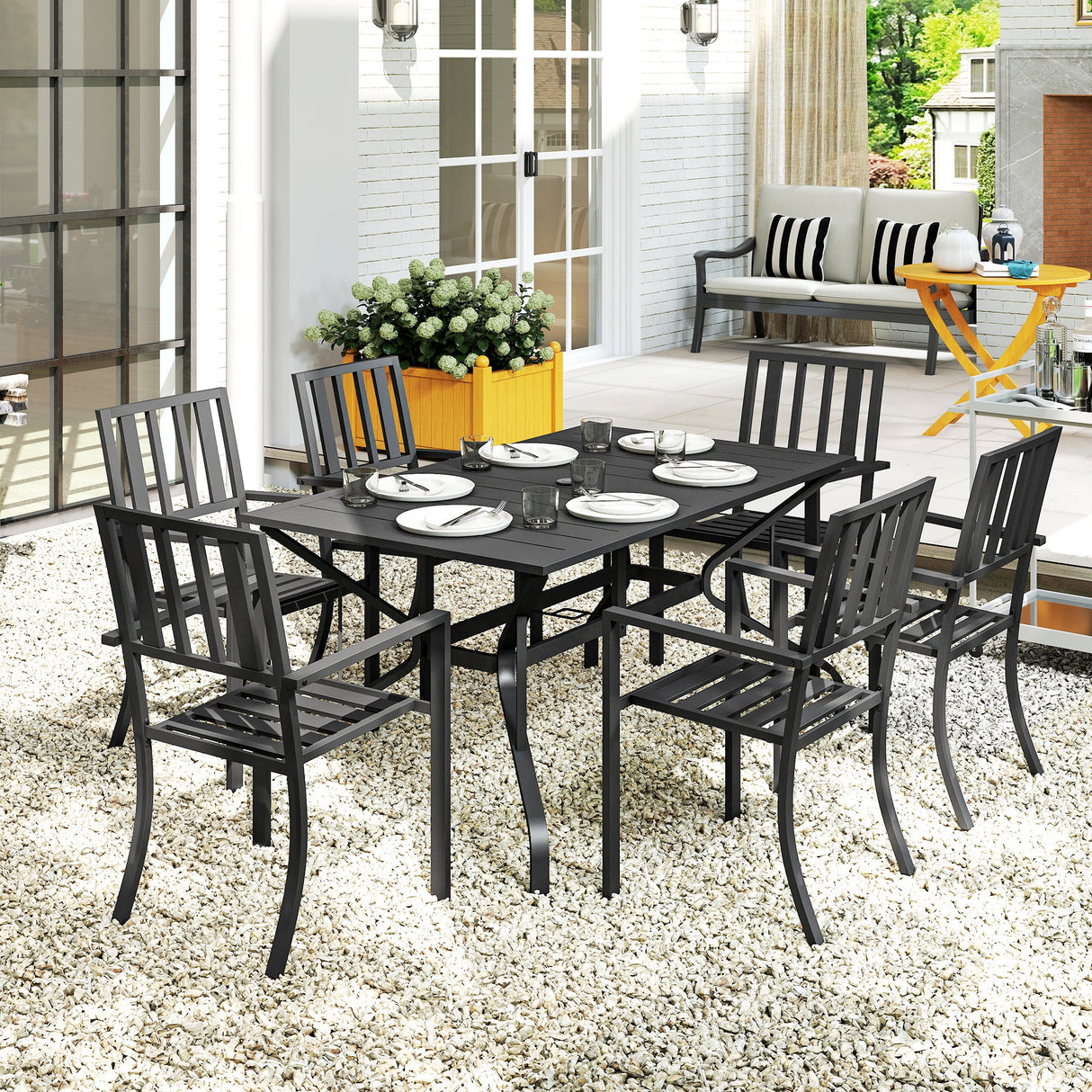 Steel 6 Seater Garden Dining Set With Parasol Hole for Poolside - Velmora