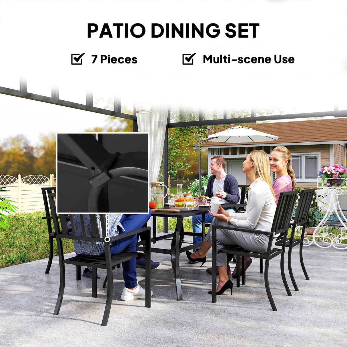 Steel 6 Seater Garden Dining Set With Parasol Hole for Poolside - Velmora