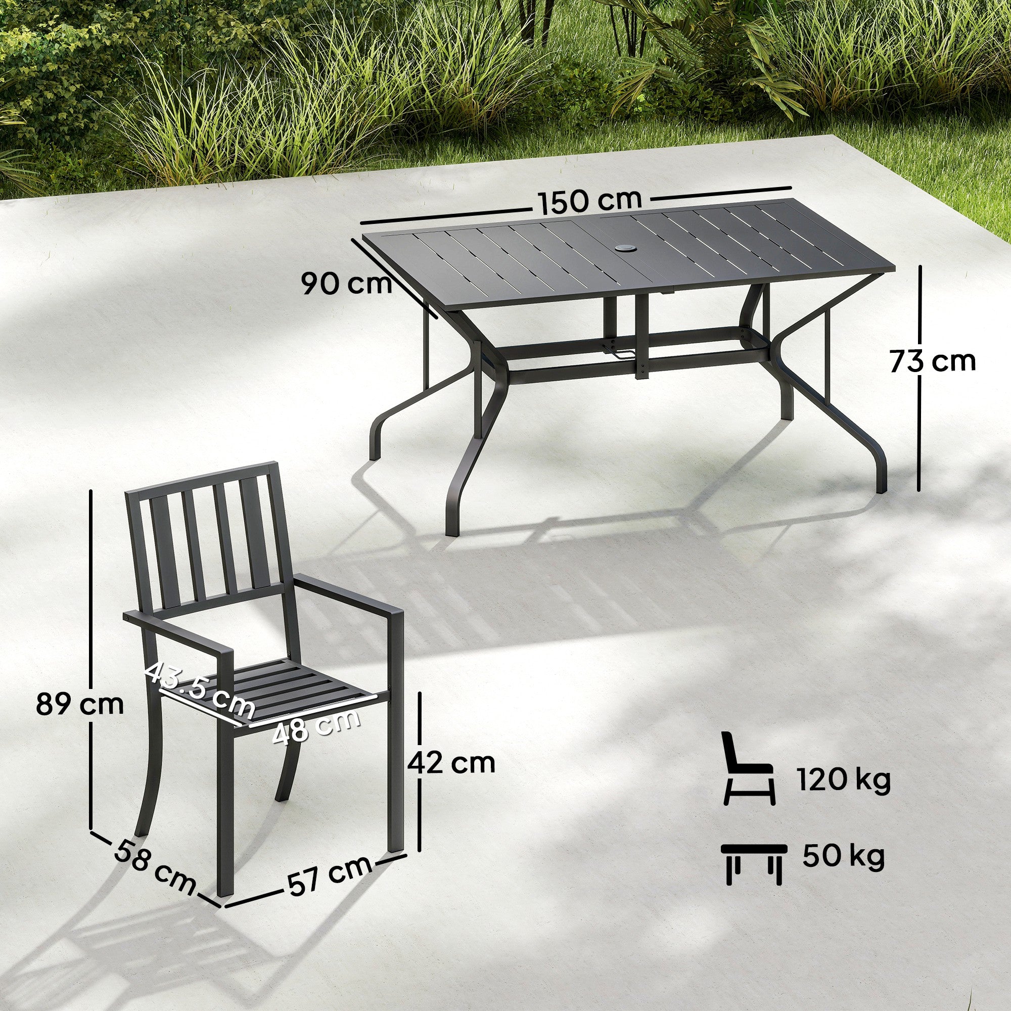 Steel 6 Seater Garden Dining Set With Parasol Hole for Poolside - Velmora