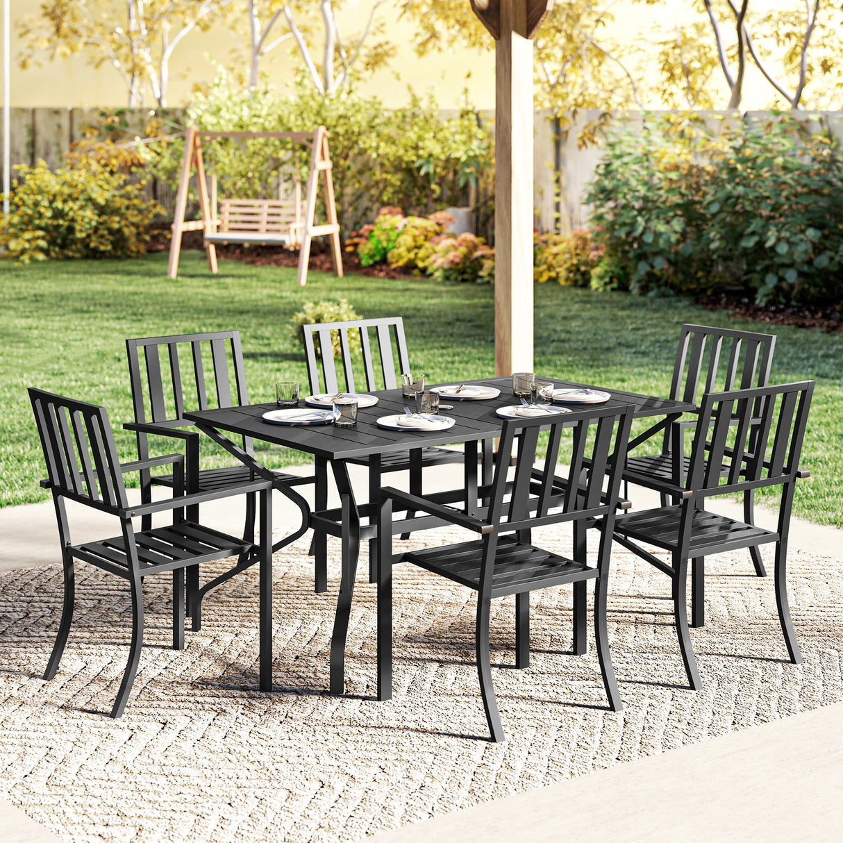 Steel 6 Seater Garden Dining Set With Parasol Hole for Poolside - Velmora