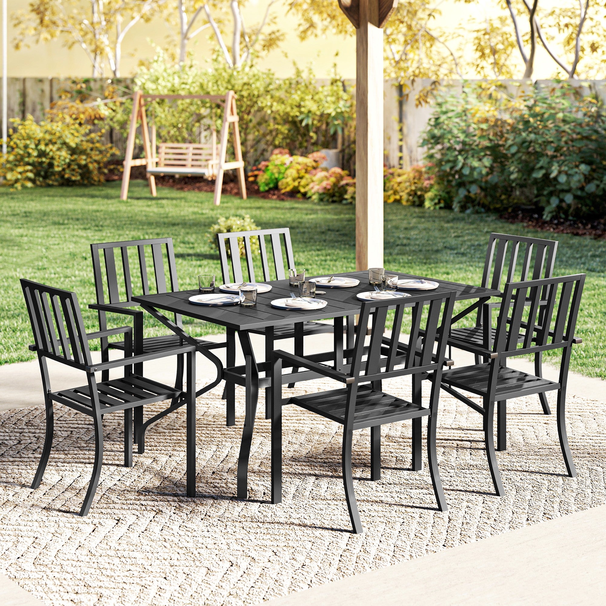Steel 6 Seater Garden Dining Set With Parasol Hole for Poolside - Velmora