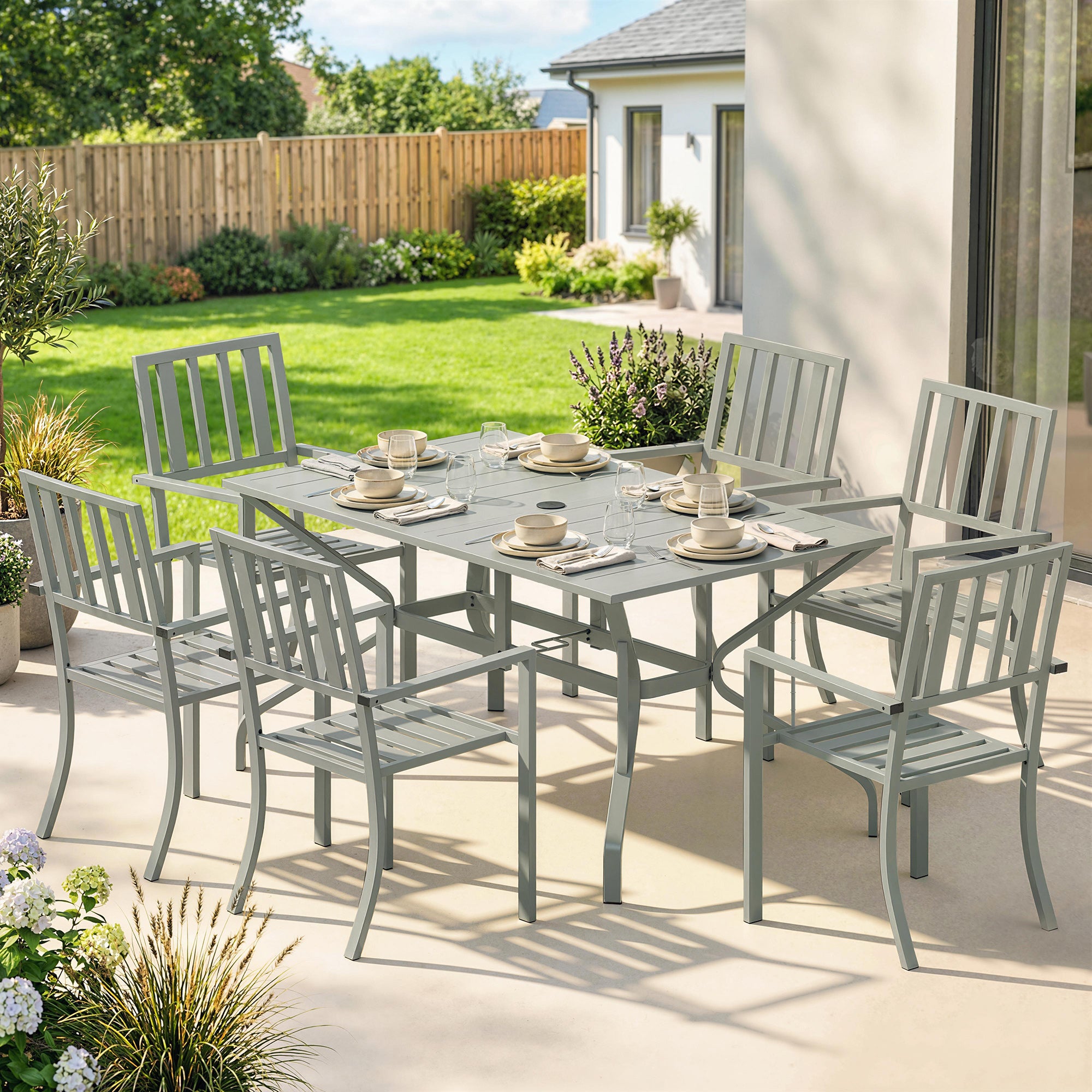 Steel 6 Seater Garden Dining Set With Parasol Hole for Poolside - Velmora