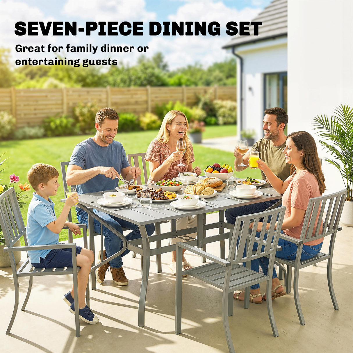 Steel 6 Seater Garden Dining Set With Parasol Hole for Poolside - Velmora