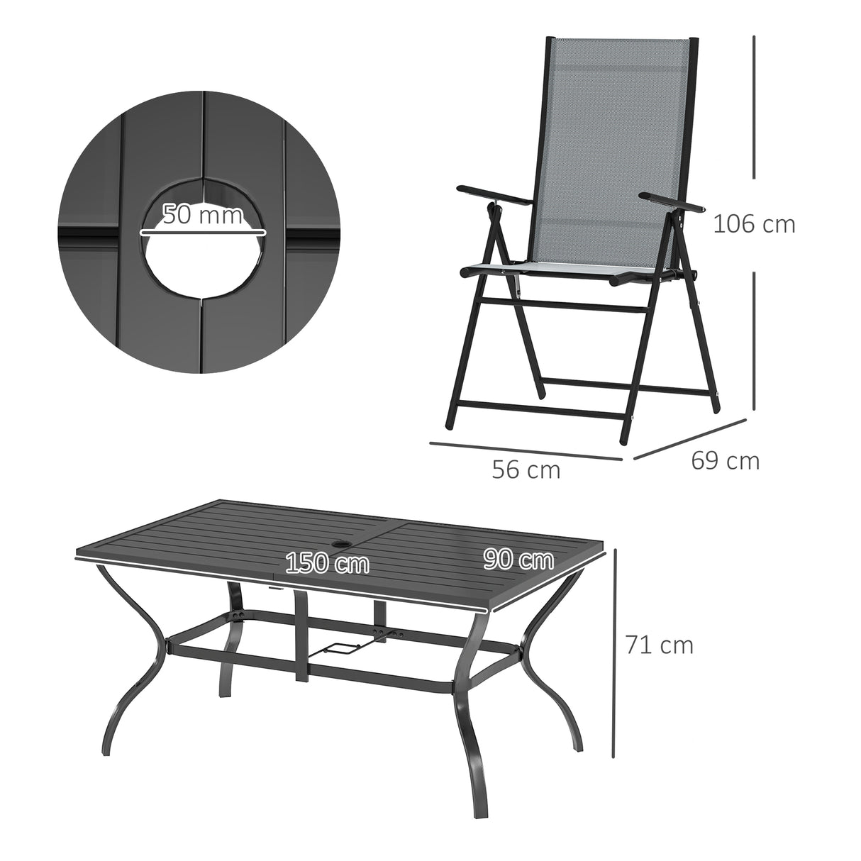 Steel 6 Seater Garden Dining Set With Parasol Hole and Texteline Fabric Chairs - Velmora
