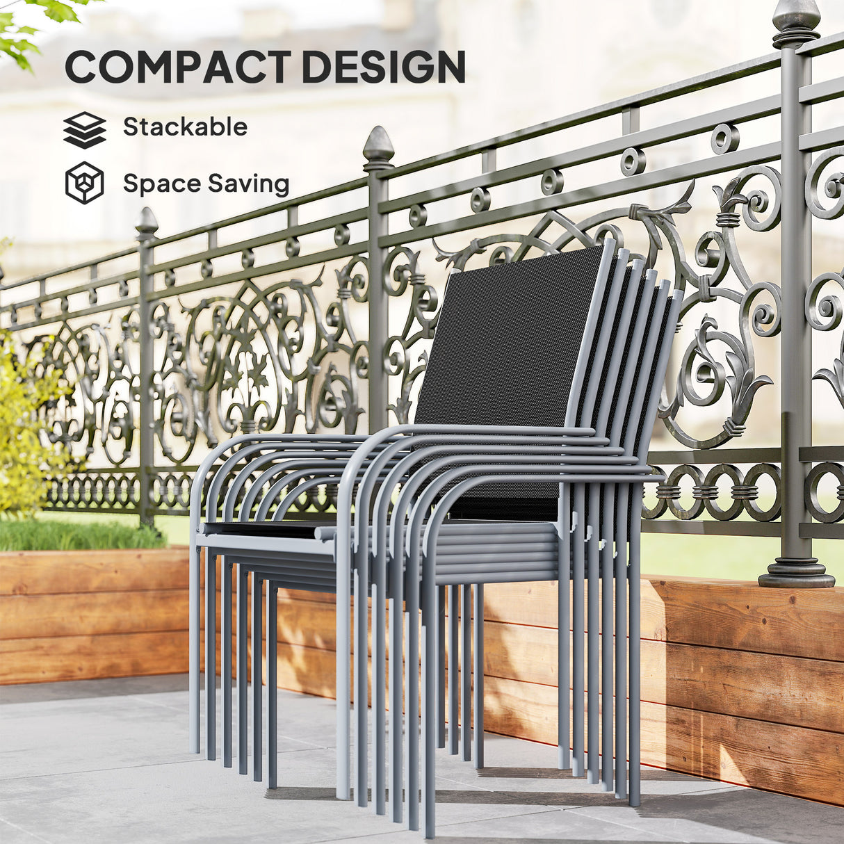 Steel 6 Seater Garden Dining Set With Table and 6 Stackable Chairs - Velmora