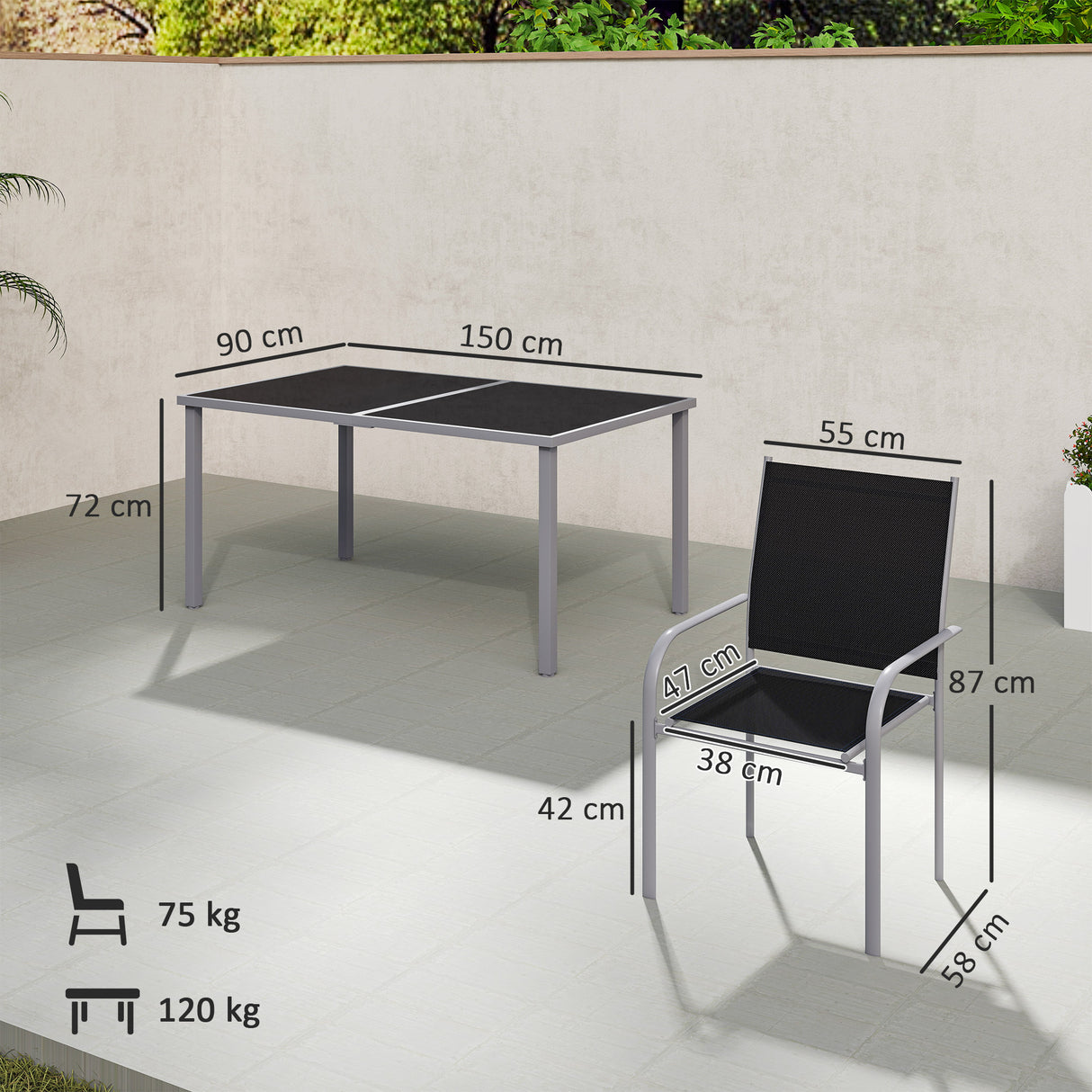 Steel 6 Seater Garden Dining Set With Table and 6 Stackable Chairs - Velmora