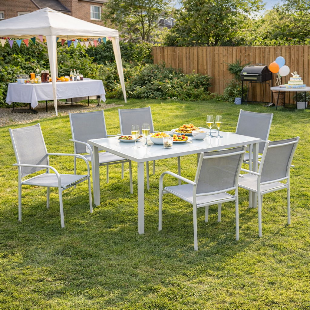Steel 6 Seater Garden Dining Set With Table and 6 Stackable Chairs - Velmora