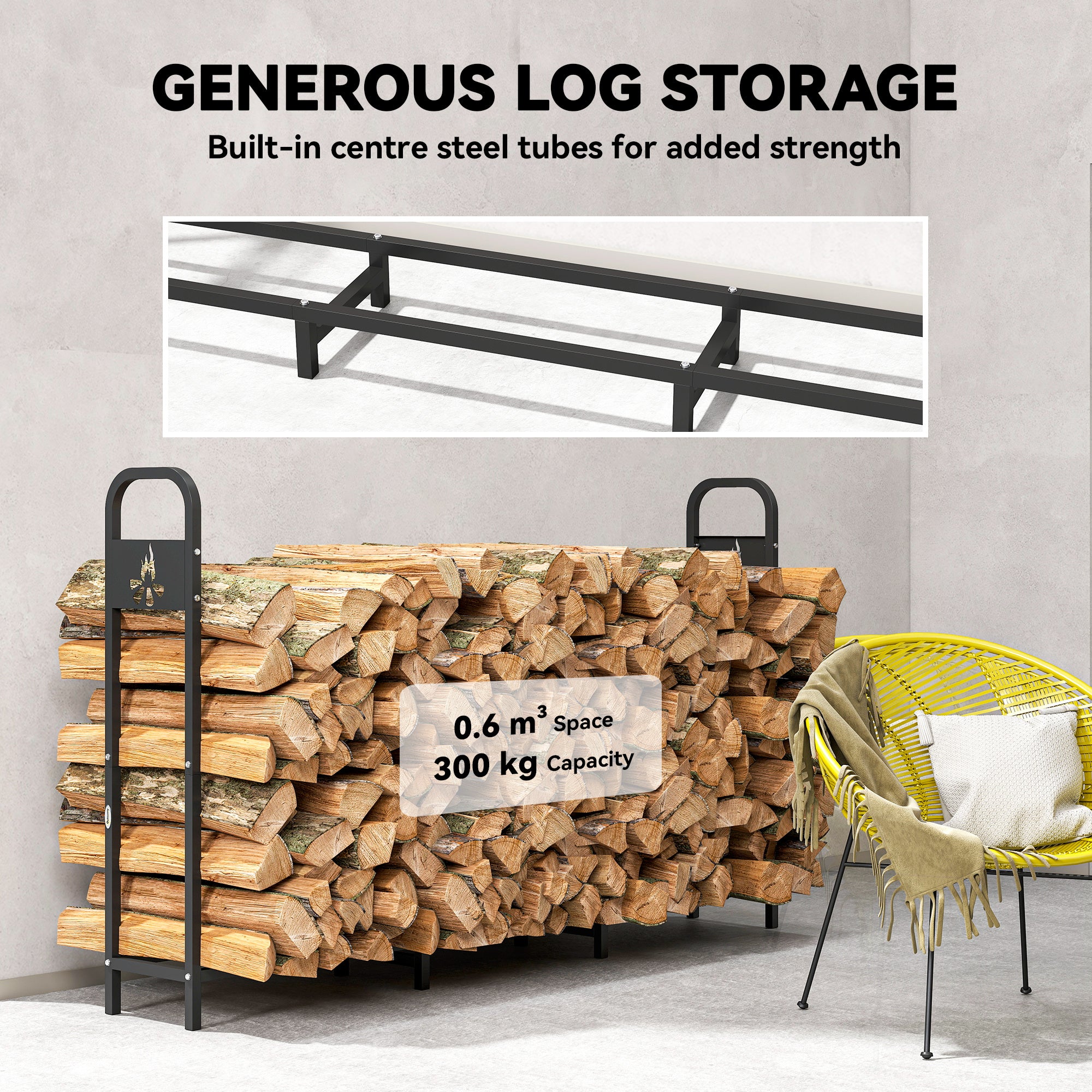 Steel 6.5 ft Firewood Storage Shelf Log Rack With 300 kg Capacity - Velmora