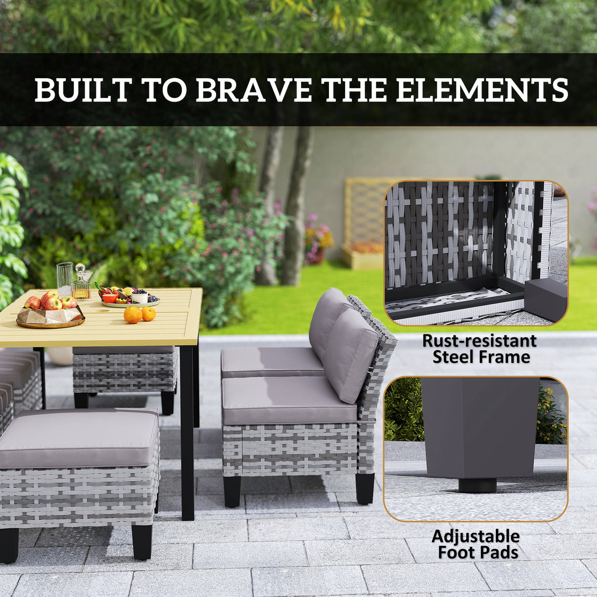 Steel 7 Pieces Garden Dining Set With 4 Poly Rattan Armchairs And 4 Footstools - Velmora