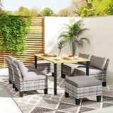 Steel 7 Pieces Garden Dining Set With 4 Poly Rattan Armchairs And 4 Footstools - Velmora
