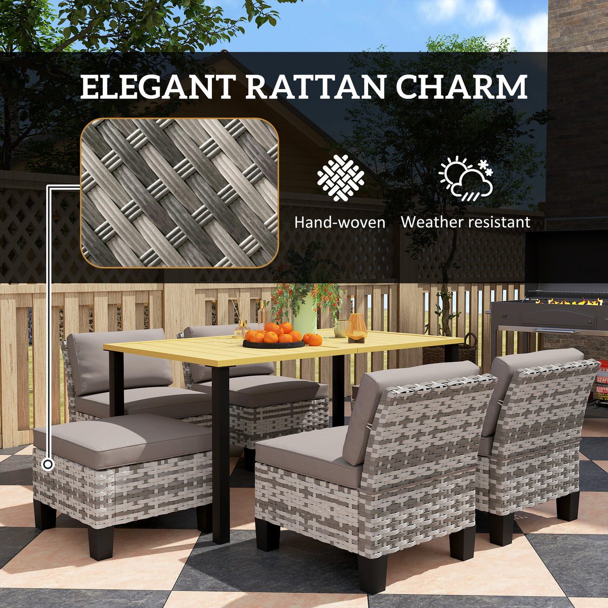 Steel 7 Pieces Garden Dining Set With 4 Poly Rattan Armchairs And 4 Footstools - Velmora