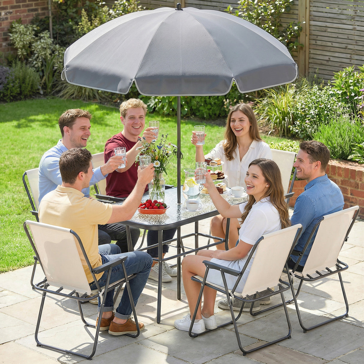 Steel 8 Piece Garden Dining Set With Parasol And 6 Folding Chairs - Velmora