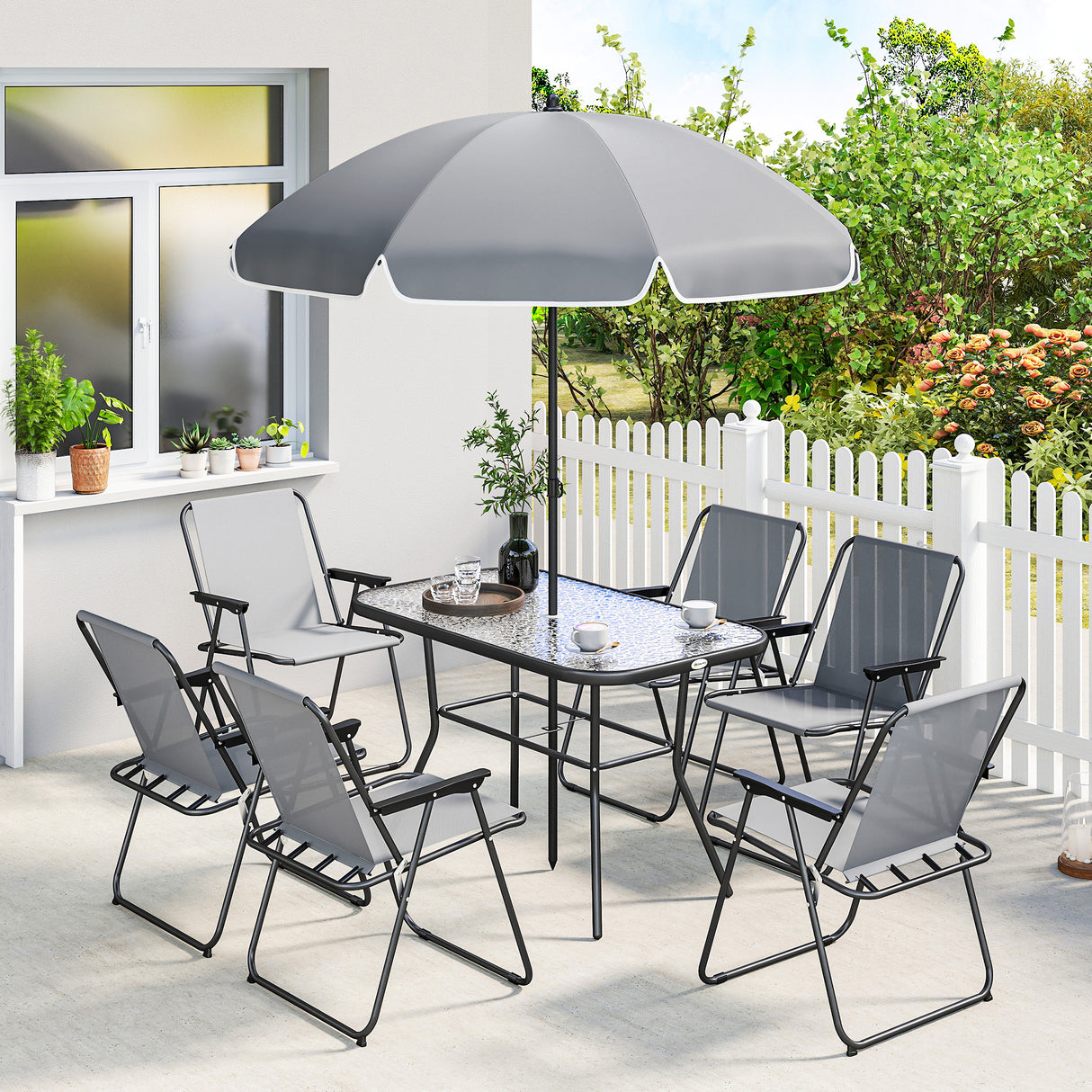 Steel 8 Piece Garden Dining Set With Parasol And 6 Folding Chairs - Velmora