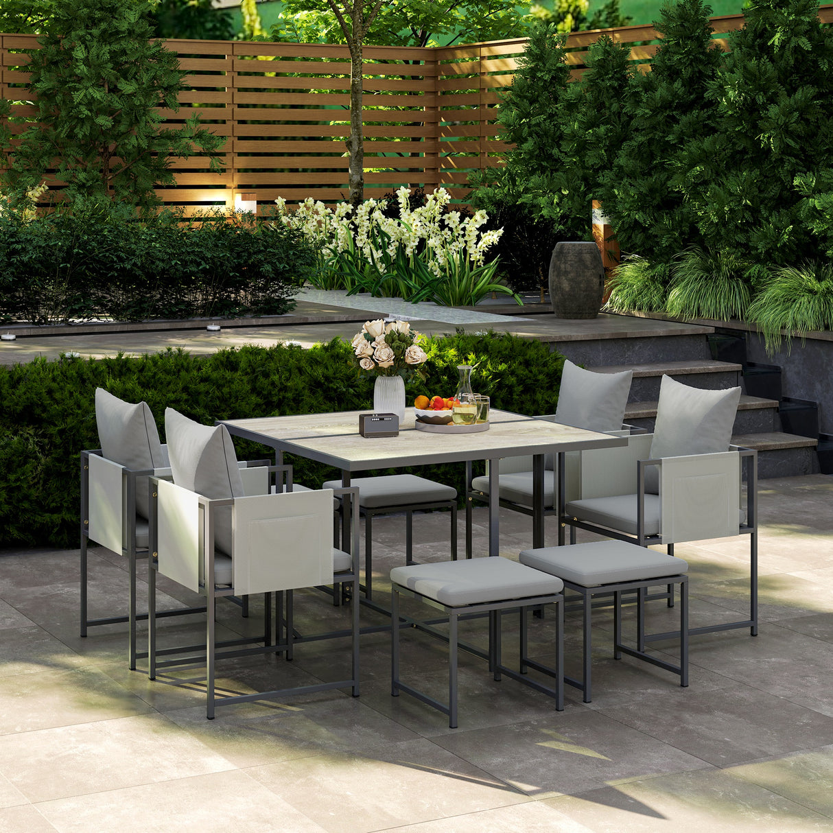 Steel 8 Seater Garden Dining Set With 4 Armchairs and 4 Stools - Velmora