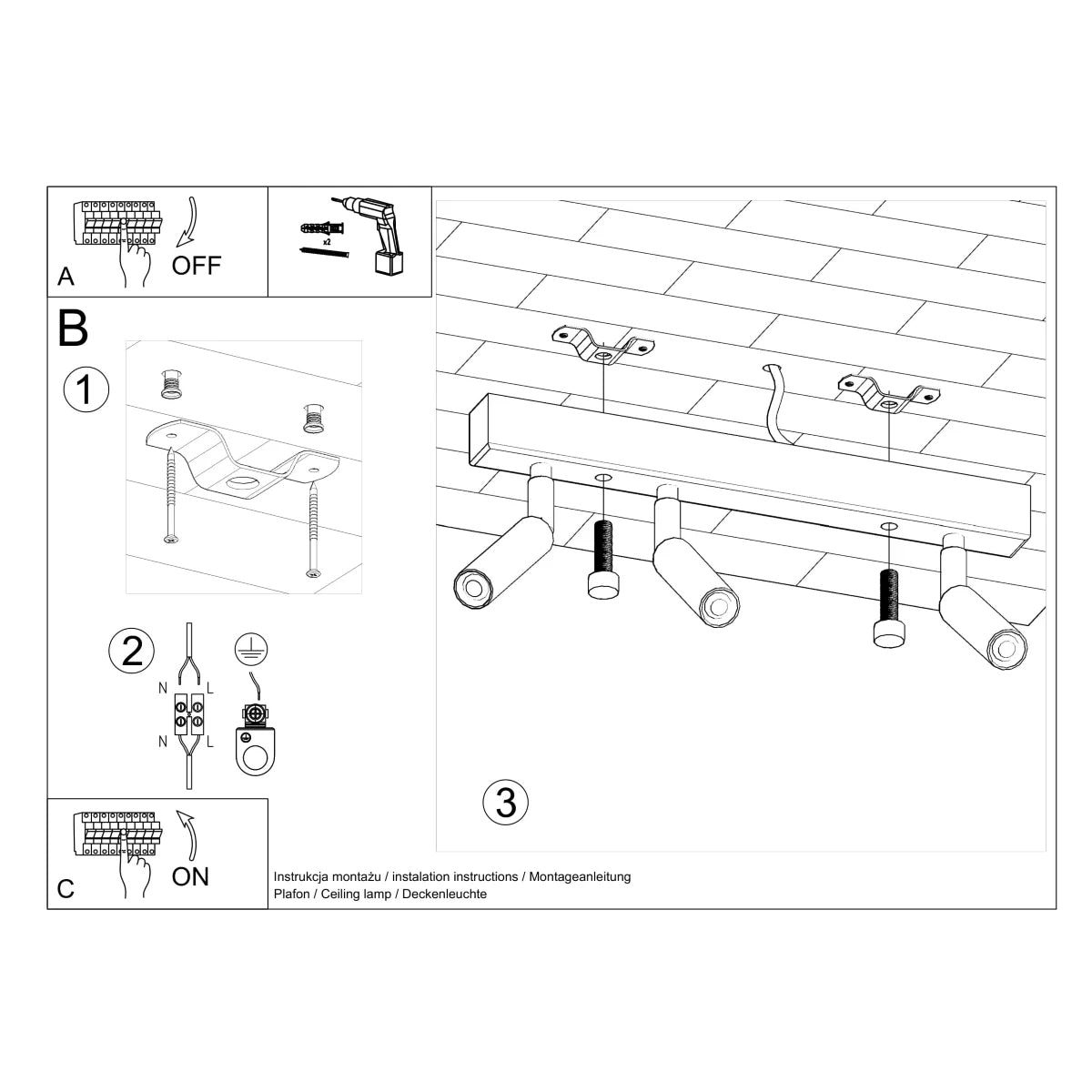 Steel Ceiling Light With 3 Eyetech Lamps - Bittersweet Shimmer