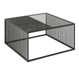 Steel Coffee Table Square With Wooden Marble Effect And Glass Top - Strington