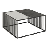 Steel Coffee Table Square With Wooden Marble Effect And Glass Top - Strington