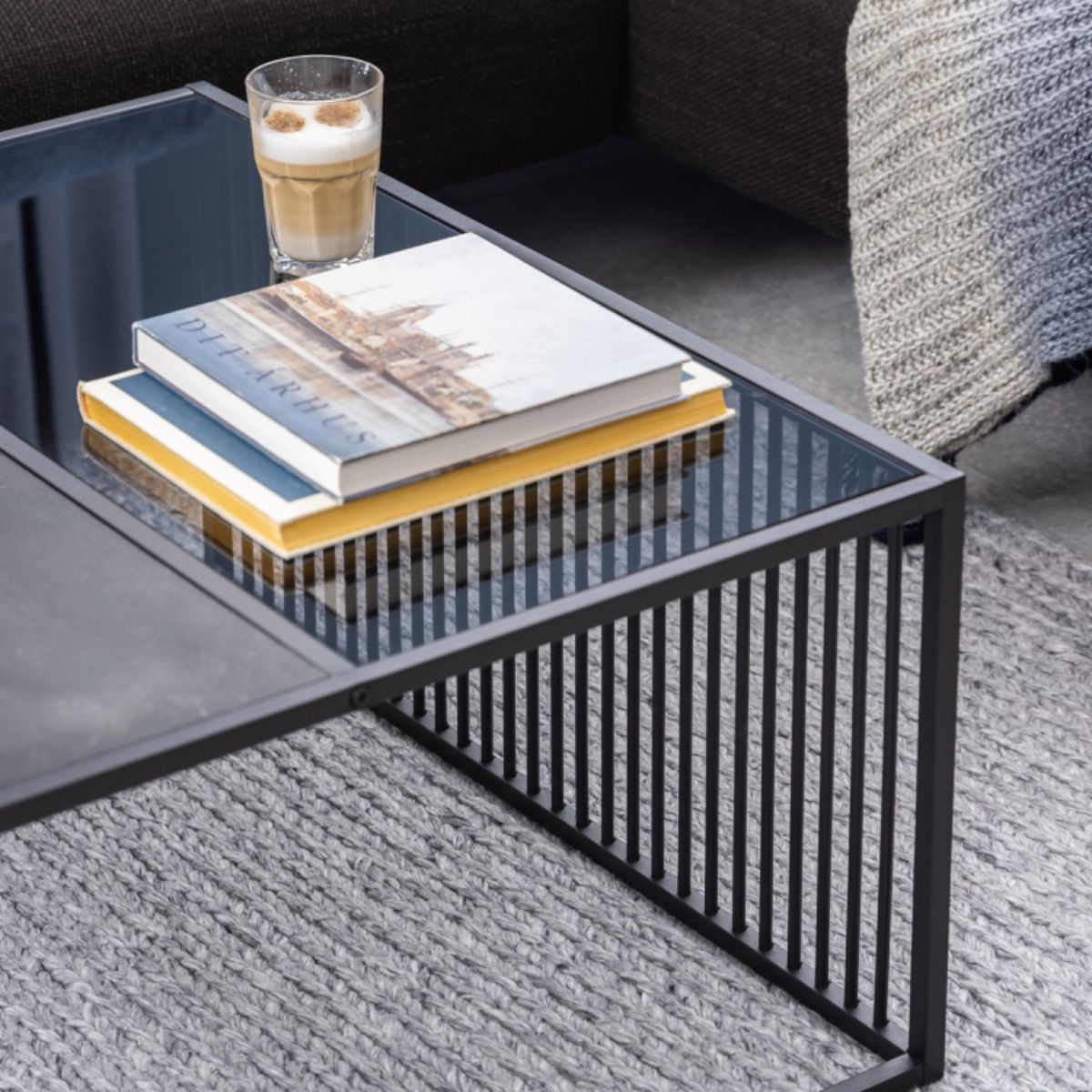 Steel Coffee Table Square With Wooden Marble Effect And Glass Top - Strington