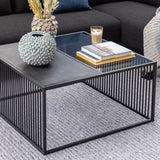 Steel Coffee Table Square With Wooden Marble Effect And Glass Top - Strington