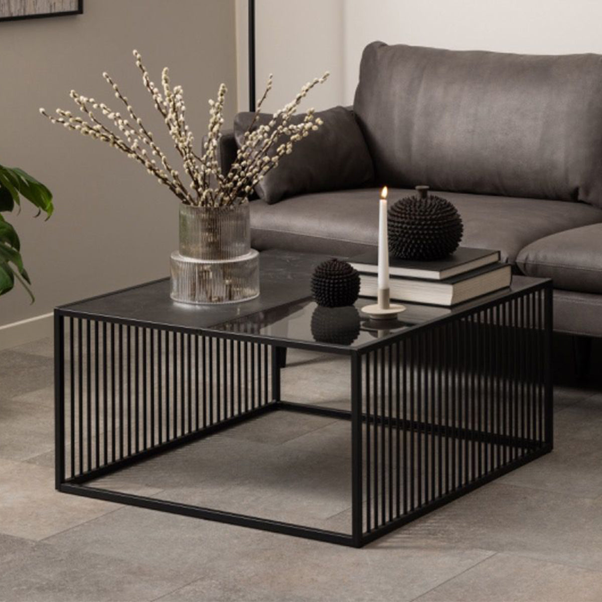 Steel Coffee Table Square With Wooden Marble Effect And Glass Top - Strington