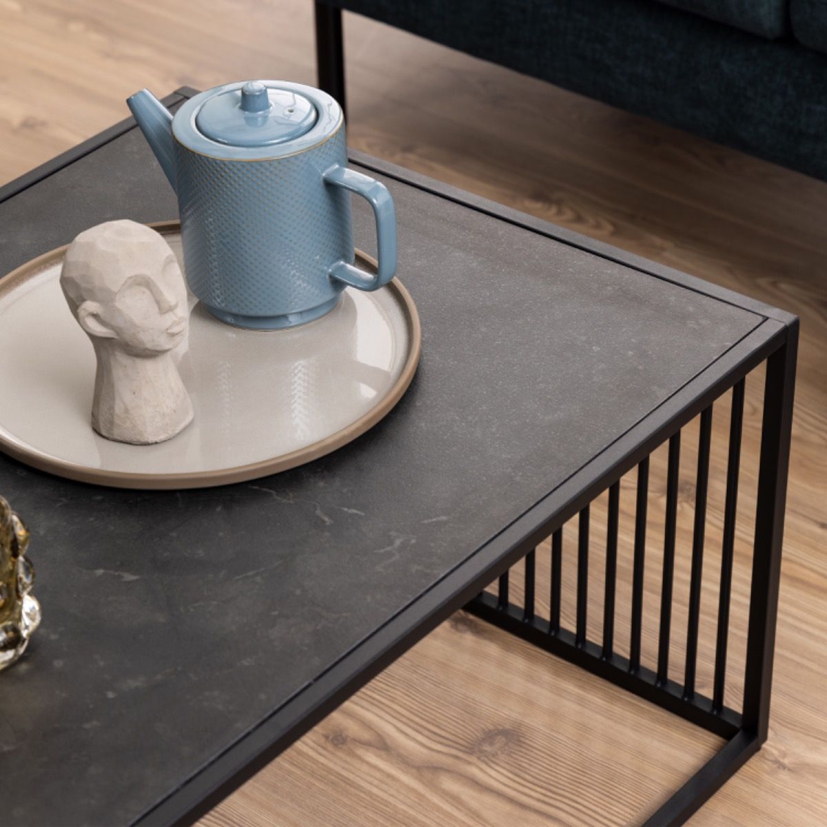 Steel Coffee Table With Wooden Marble Effect And Glass Top - Strington