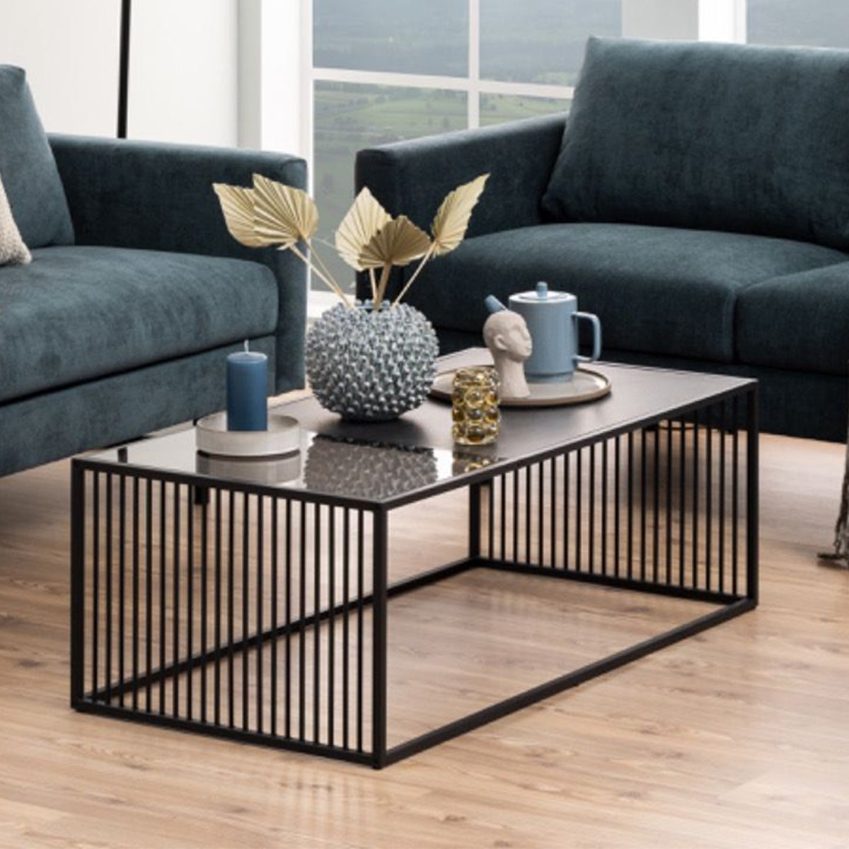 Steel Coffee Table With Wooden Marble Effect And Glass Top - Strington