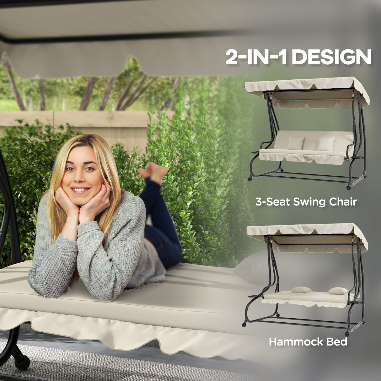 Steel Convertible 3 Seater Garden Swing Chair Bed With Adjustable Canopy - Velmora