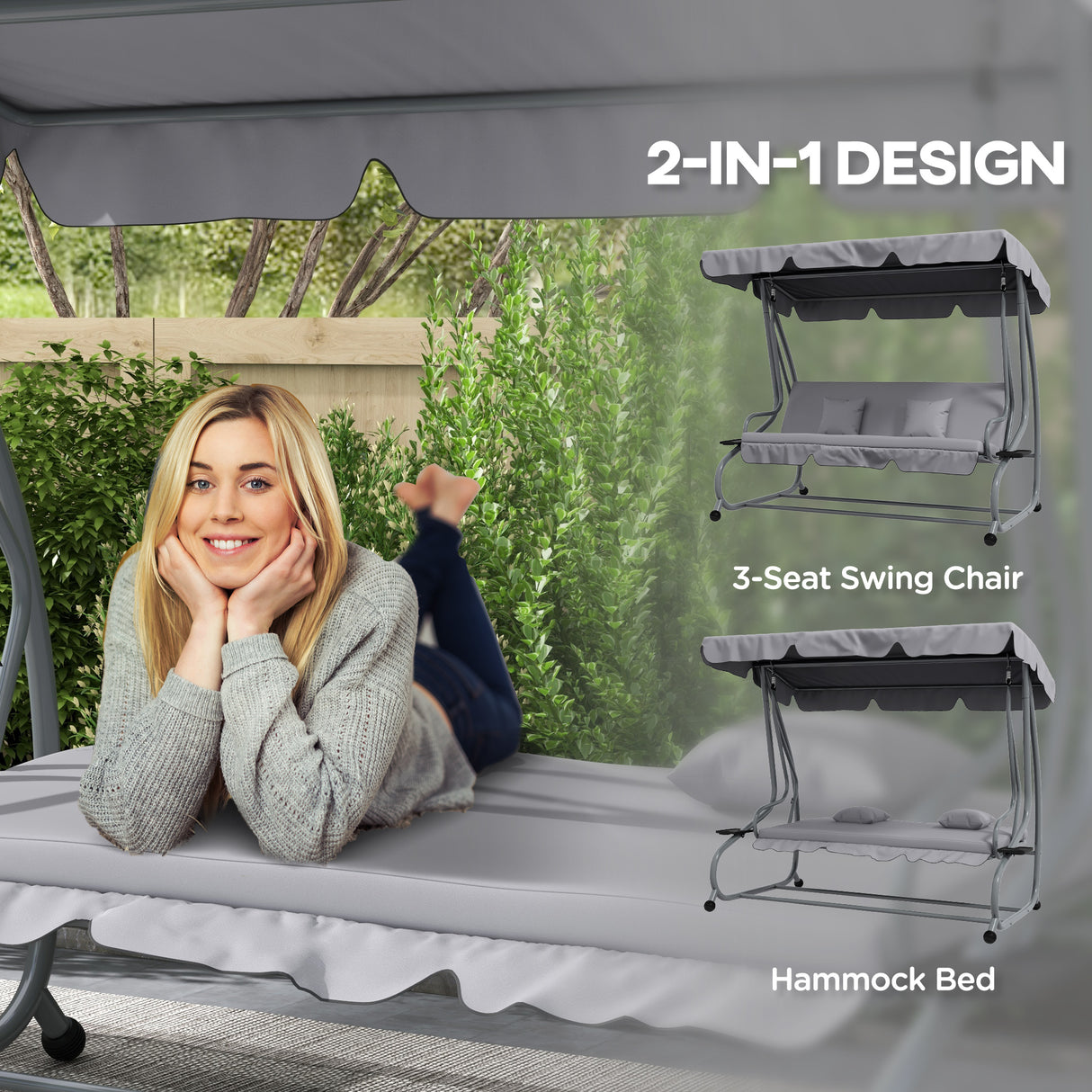 Steel Convertible 3 Seater Garden Swing Chair Bed With Adjustable Canopy - Velmora
