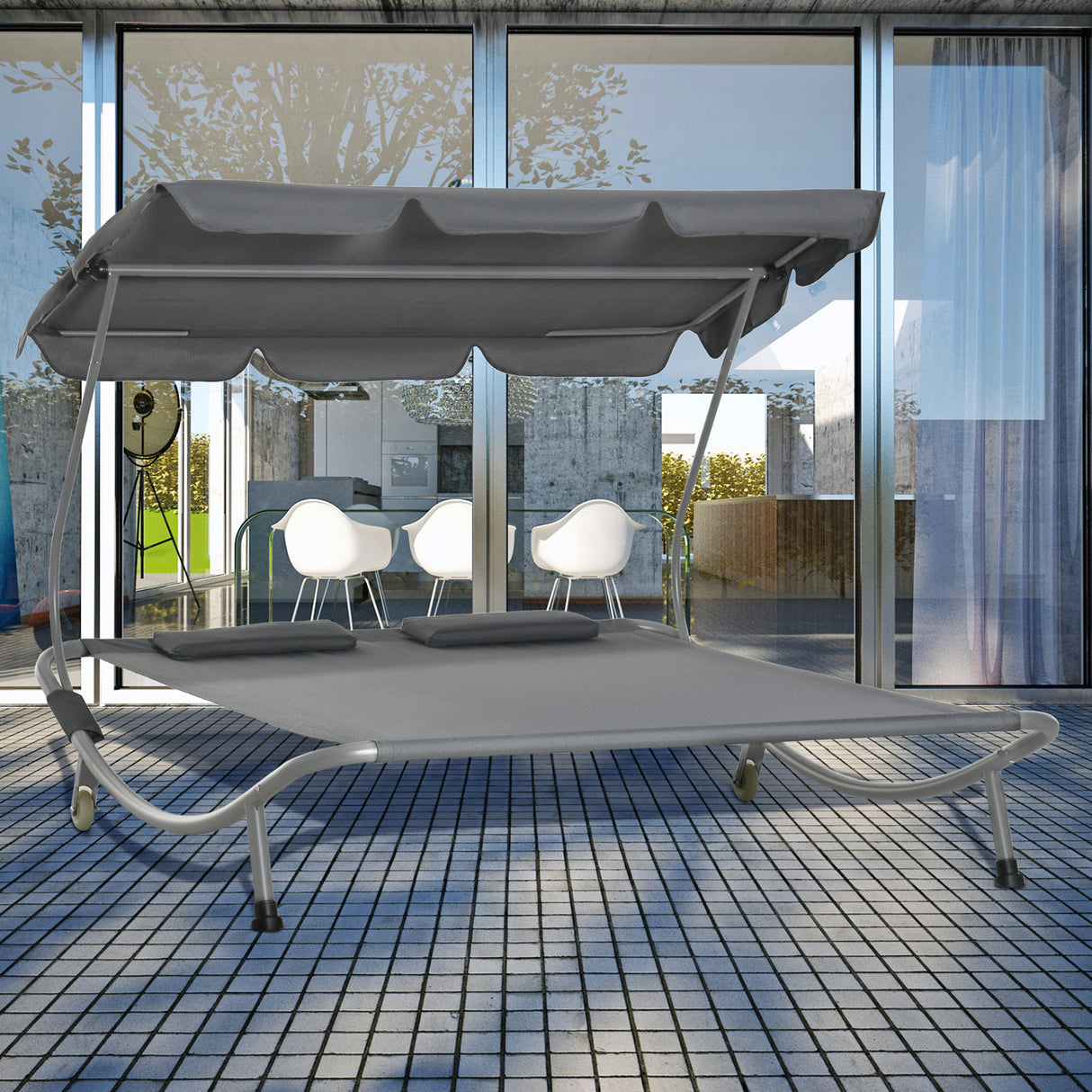 Steel Double Garden Sun Lounger With Adjustable Detachable Canopy - Velmora