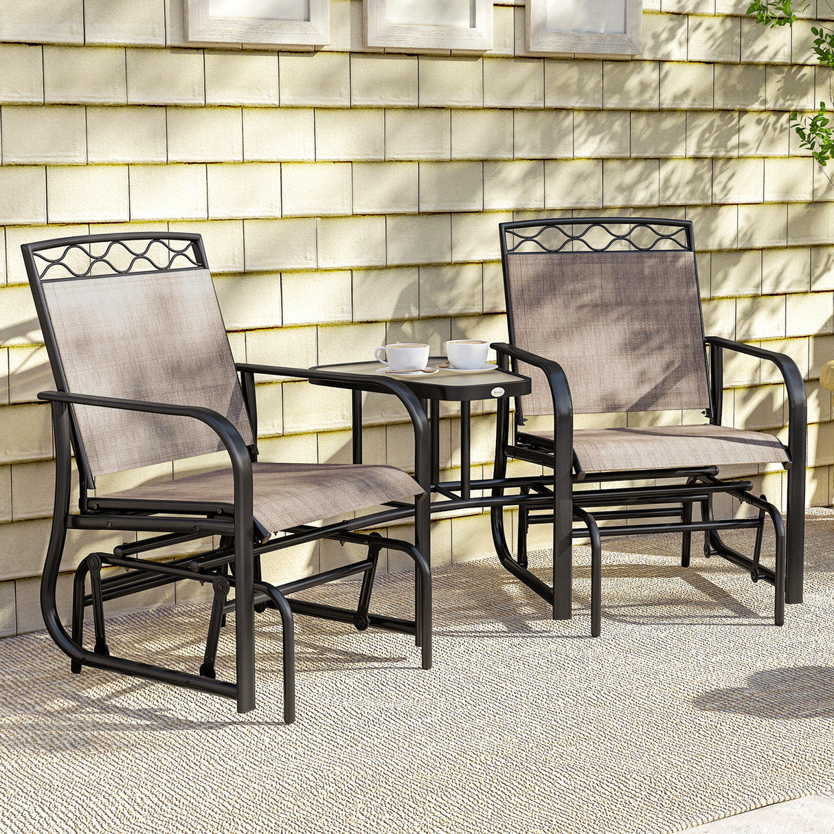 Steel Double Outdoor Glider Rocking Chairs With Tempered Glass Table - Velmora