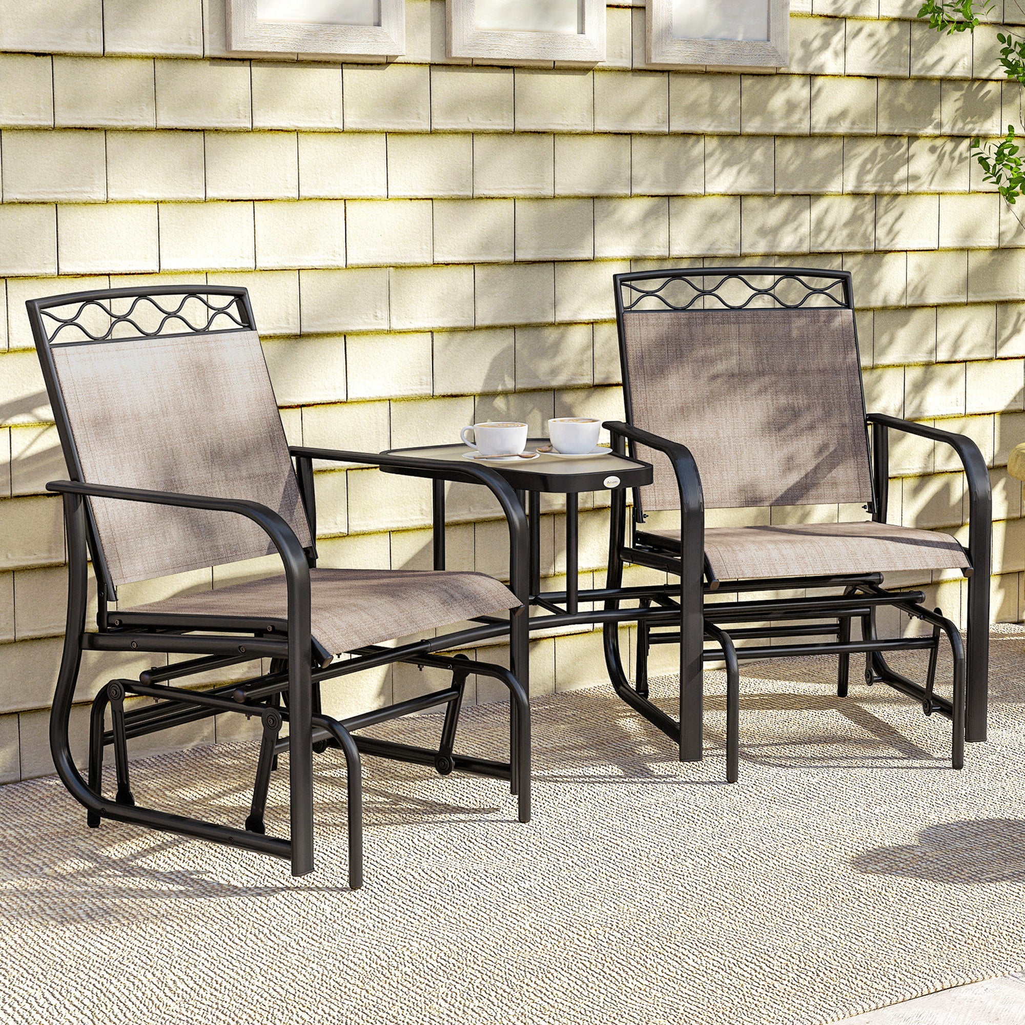 Steel Double Outdoor Glider Rocking Chairs With Tempered Glass Table - Velmora