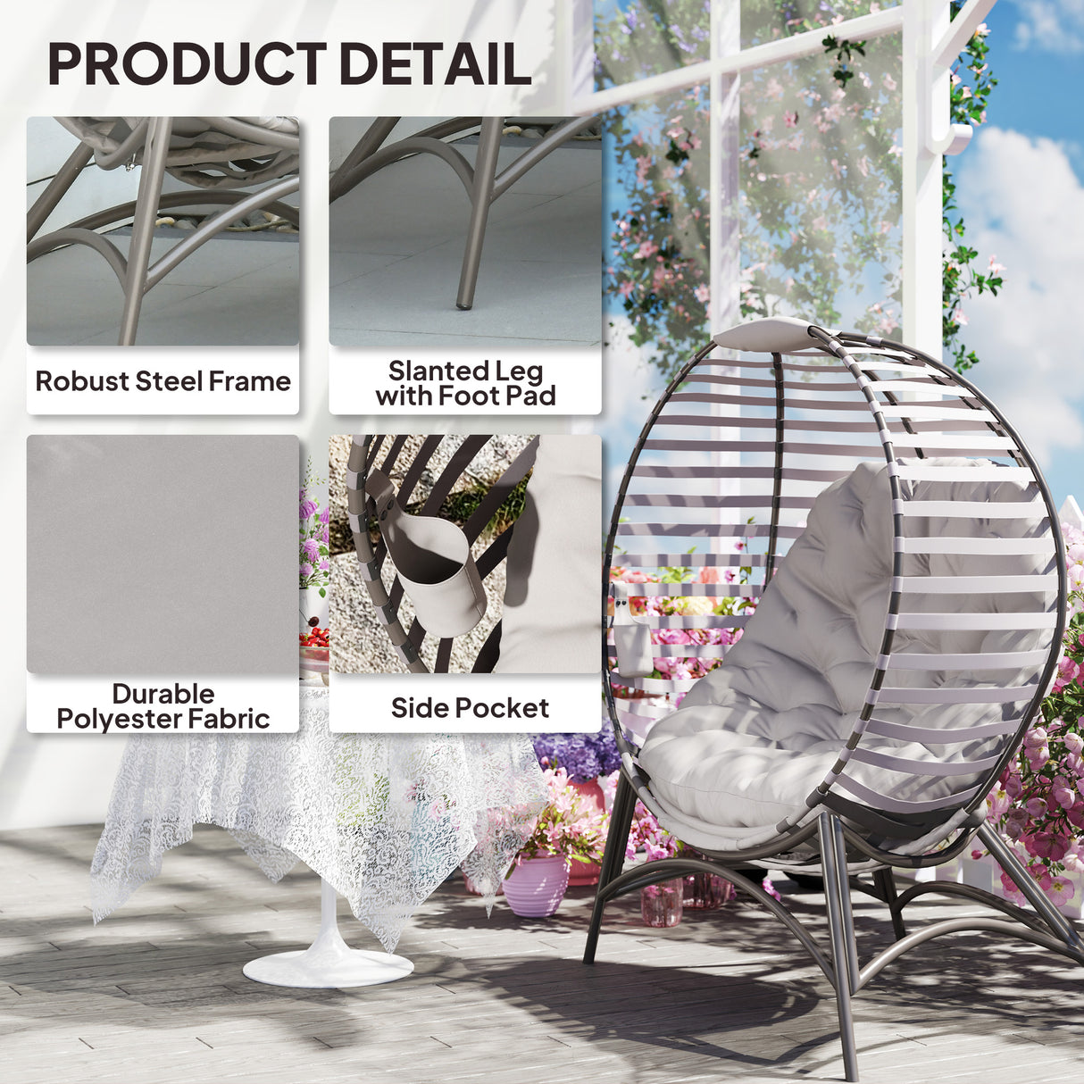 Steel Egg Chair With Cushion and Side Pocket - Velmora