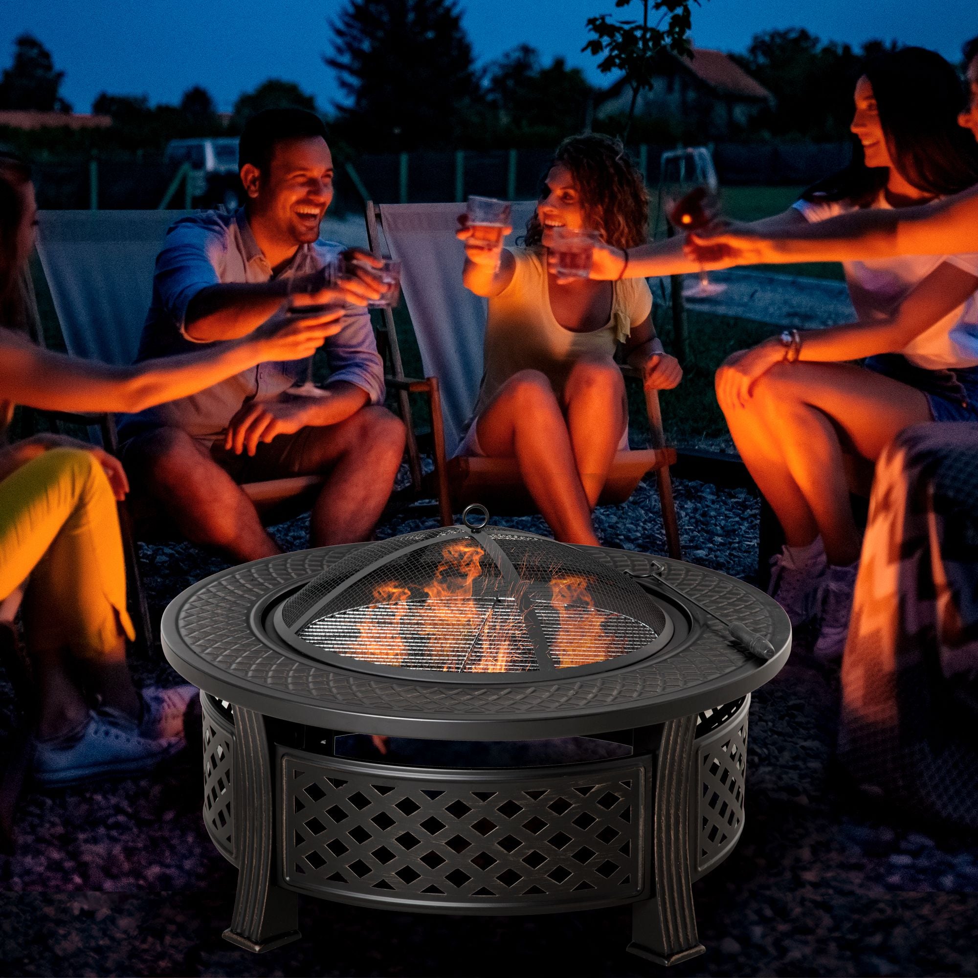 Steel Fire Pit With Grill Net And Mesh Lid for Camping - Velmora