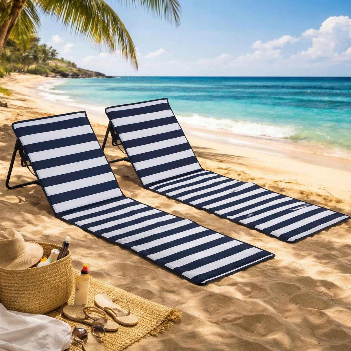 Steel Foldable Garden Beach Sun Lounger Chair Mat in Set of 2 - Velmora