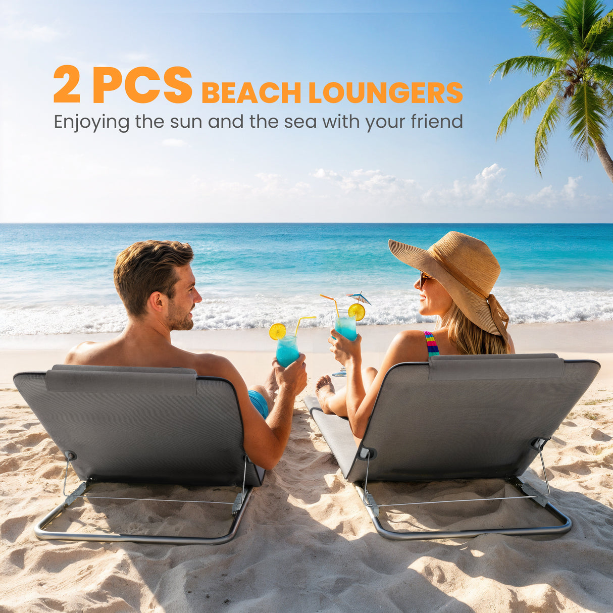 Steel Foldable Lightweight Garden Beach Sun Lounger Mat in Set of 2 - Velmora