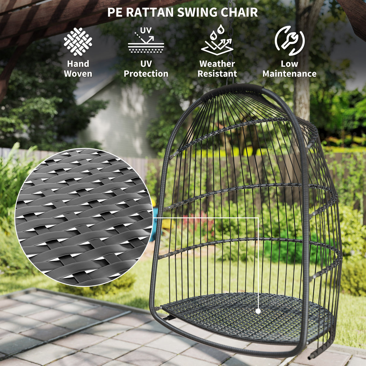 Steel Foldable Poly Rattan Garden Hanging Swing Chair - Velmora