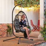 Steel Foldable Rattan Swing Egg Chair With Stand And Cushion - Velmora