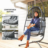 Steel Foldable Rattan Swing Egg Chair With Stand And Cushion - Velmora