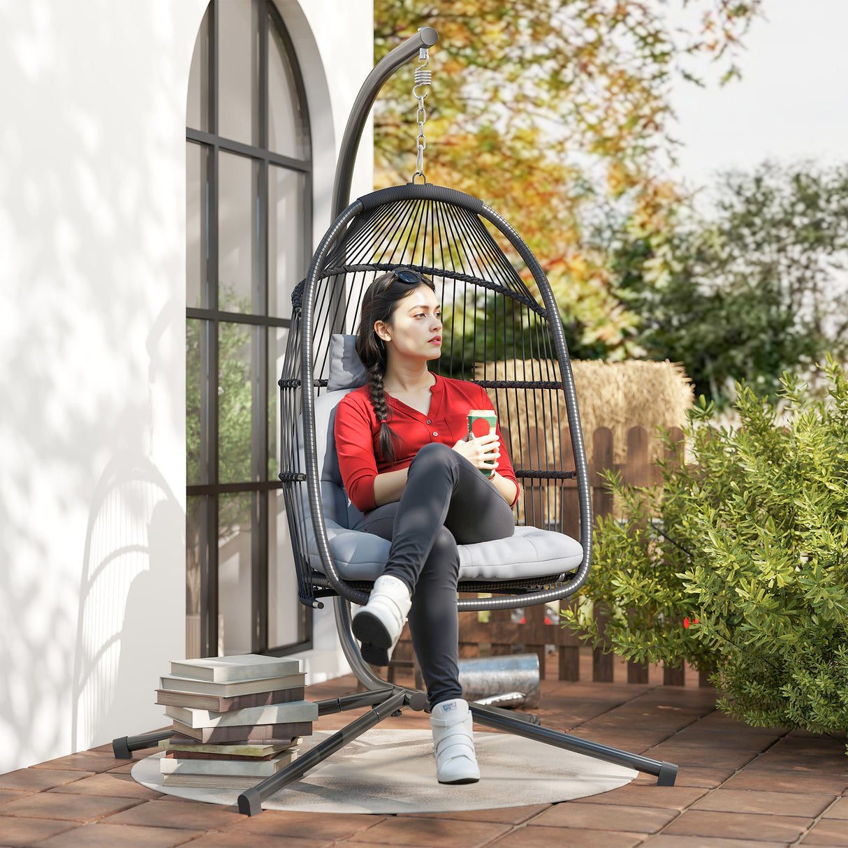 Steel Foldable Rattan Swing Egg Chair With Stand And Cushion - Velmora