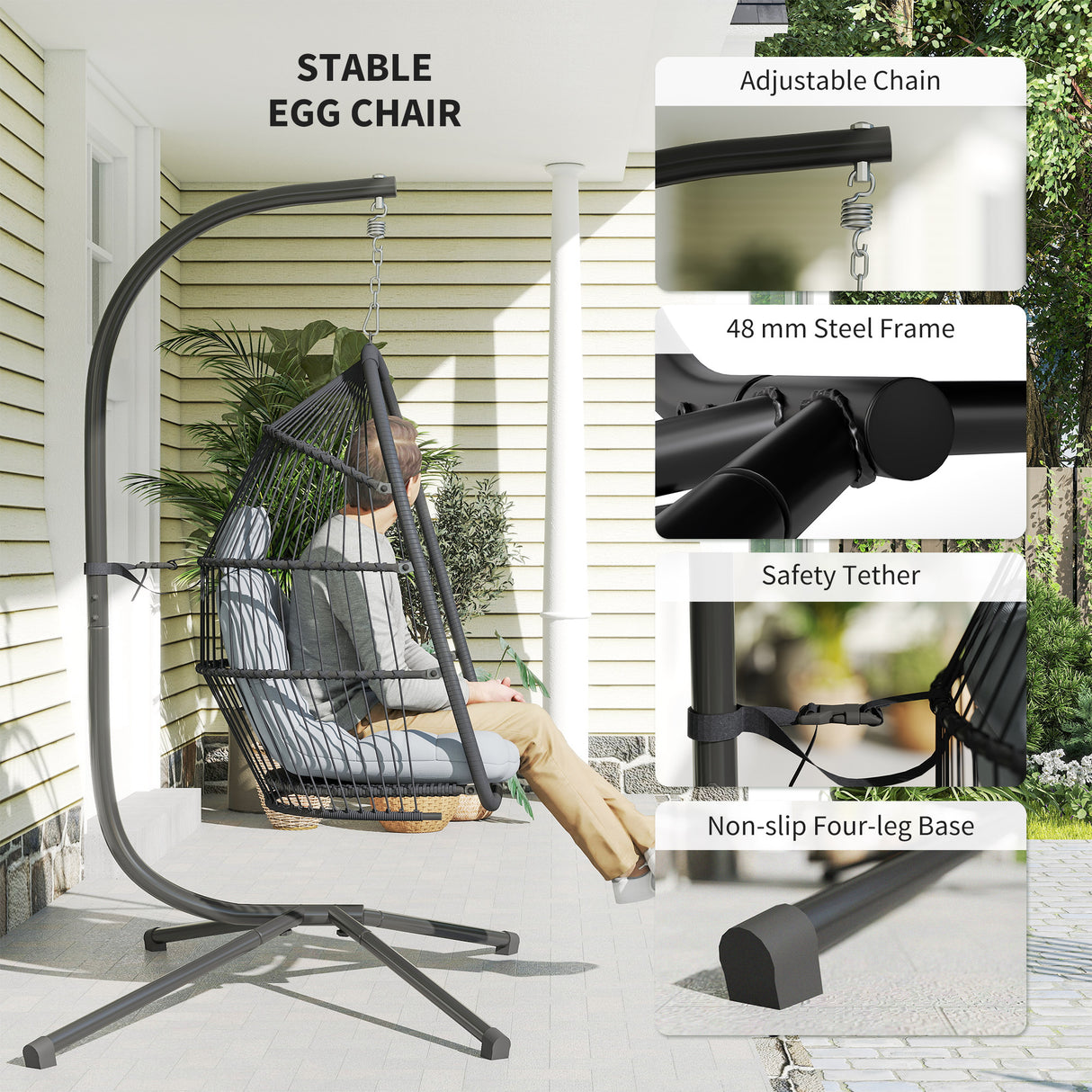 Steel Foldable Rattan Swing Egg Chair With Stand And Cushion - Velmora