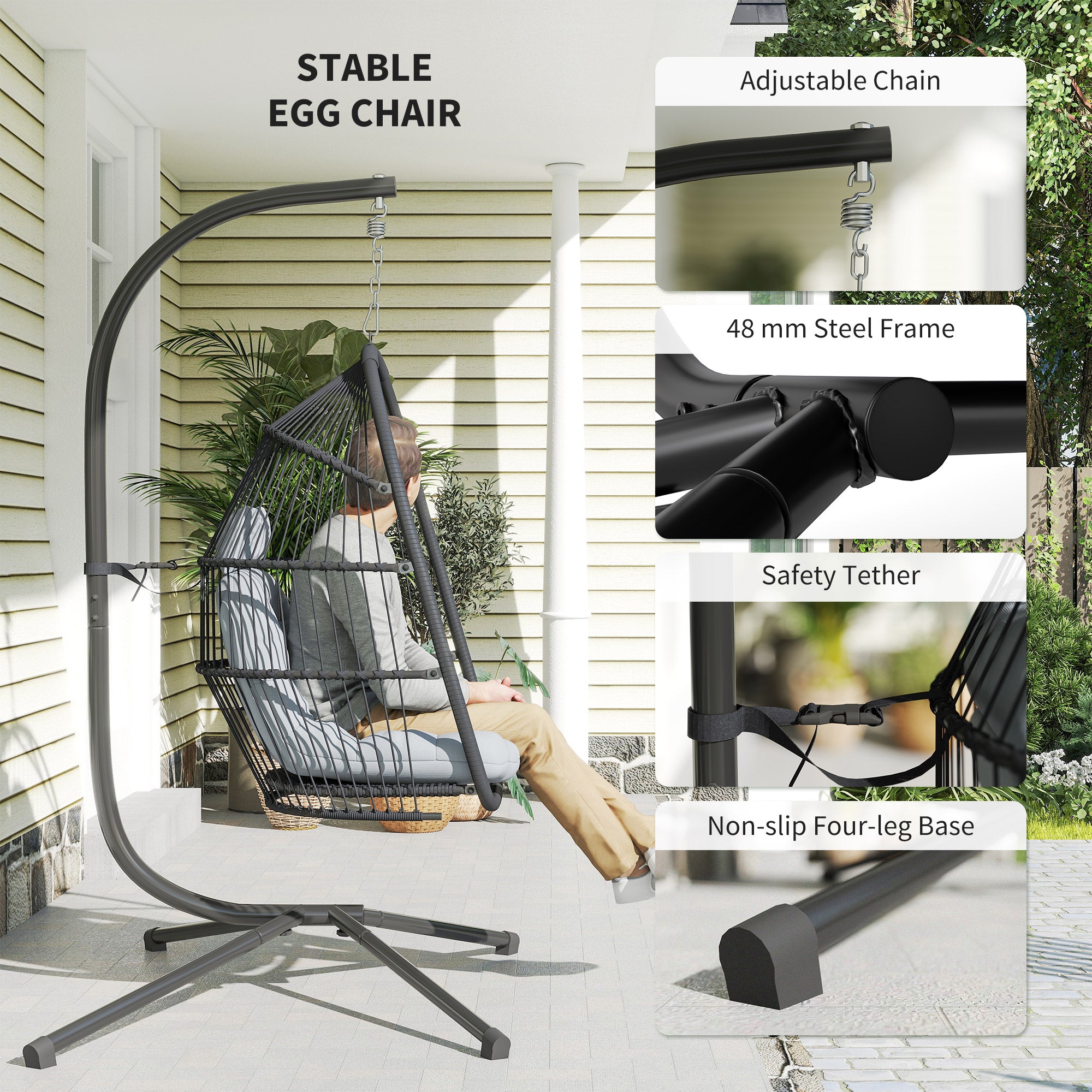 Steel Foldable Rattan Swing Egg Chair With Stand And Cushion - Velmora