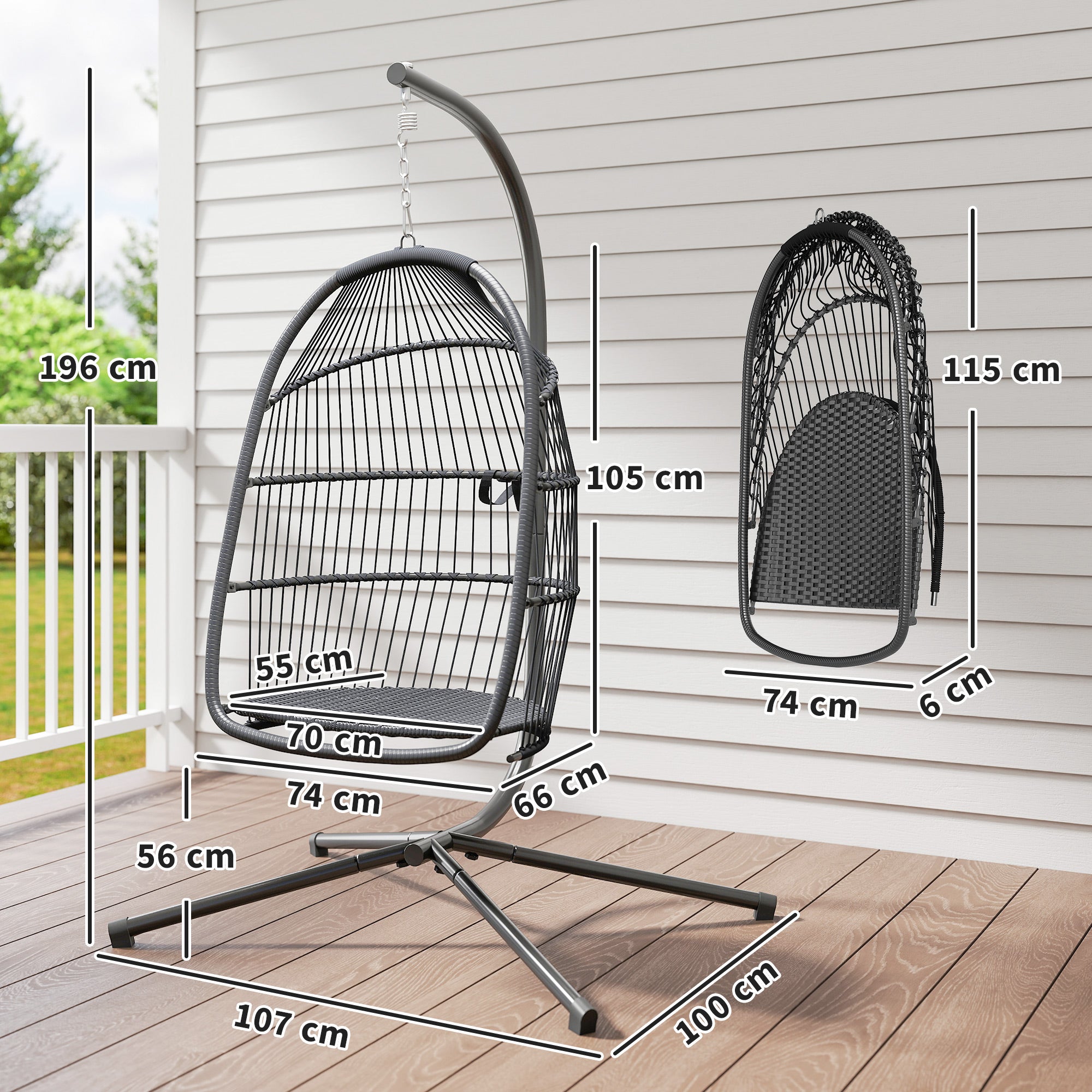 Steel Foldable Rattan Swing Egg Chair With Stand And Cushion - Velmora