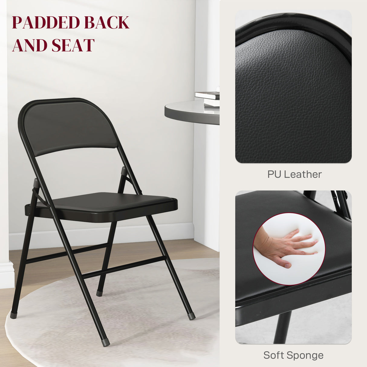 Steel Folding Dining Chairs in Set Of 4 With Faux Leather Seat - Velmora