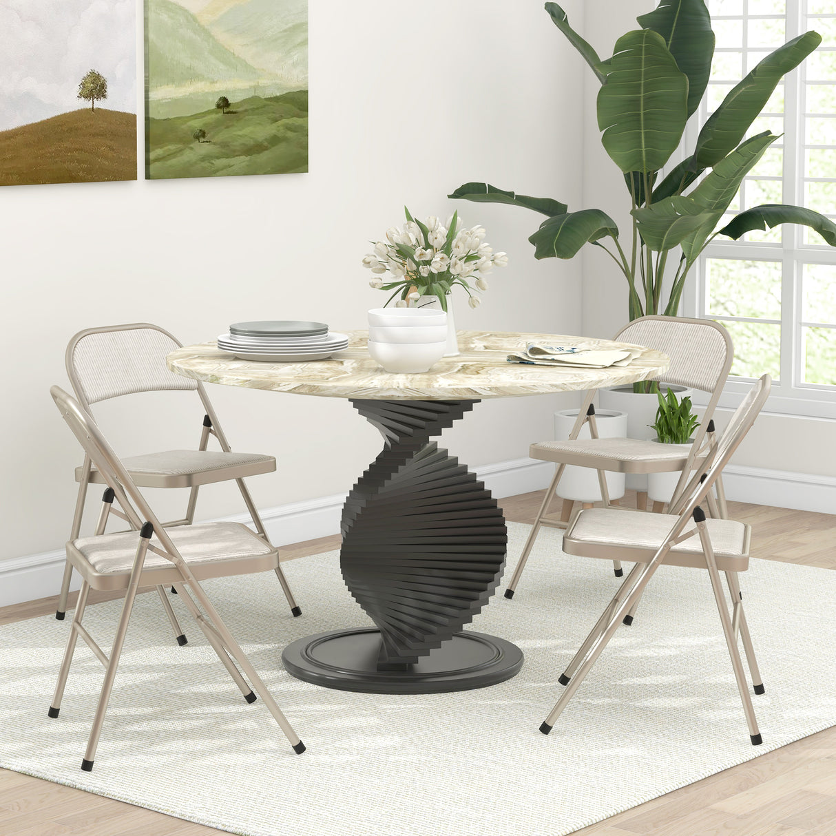 Steel Folding Dining Chairs in Set Of 4 With Linen Fabric Seat - Velmora